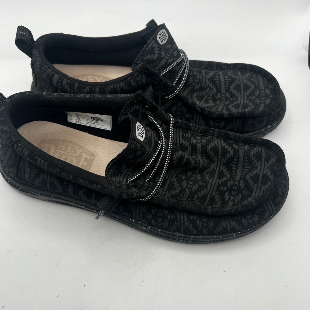 Hey Dude Wally Hybrid Mens Black Grey Geometric Slip On Loafers Aztec Size 8